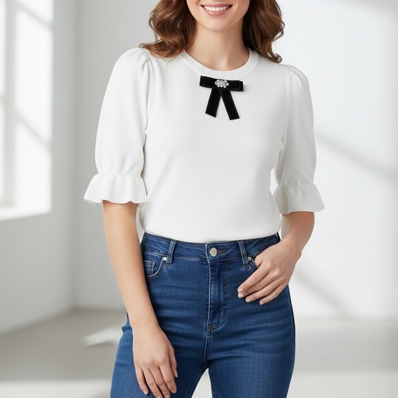 CeCe Sweaters - CeCe Crystal Bow Front Ruffle Cuff Sweater Top White Black Coquette Casual M